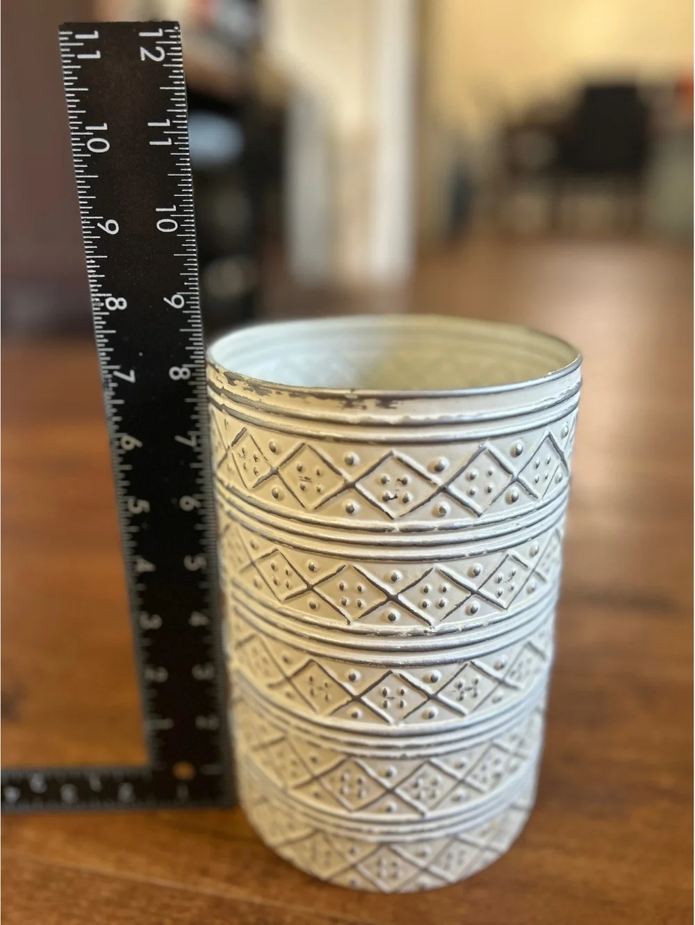 Decorative Embossed Metal Vase with Geometric Pattern